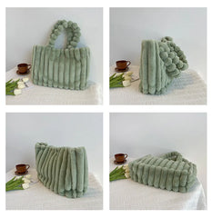 Ribbed The Tote Bags Winter Woolen Faux Fur Teddy Curl Plush Shoulder Bag