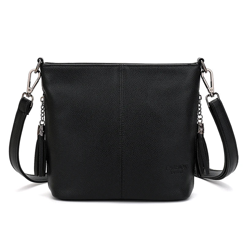 2 Straps PU Leather Shoulder Bags for Women Bucket Tassel Soild Women Messenger