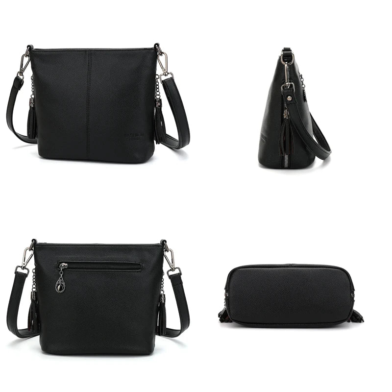 2 Straps PU Leather Shoulder Bags for Women Bucket Tassel Soild Women Messenger