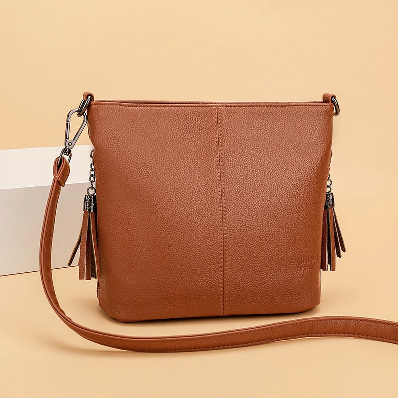 2 Straps PU Leather Shoulder Bags for Women Bucket Tassel Soild Women Messenger