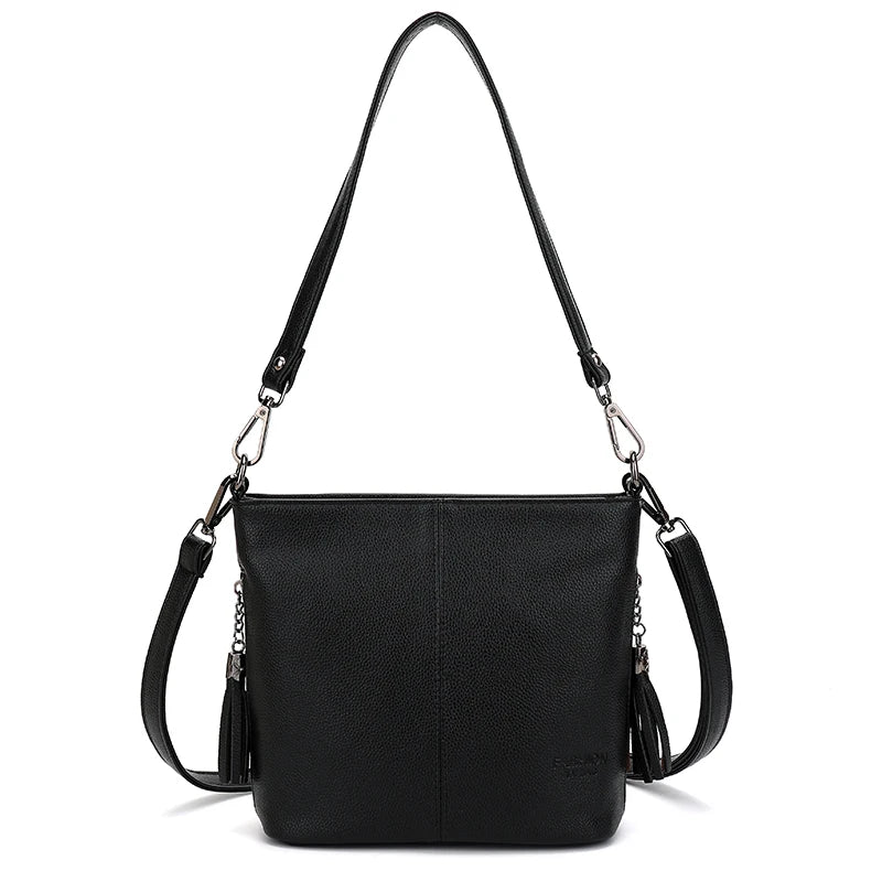 2 Straps PU Leather Shoulder Bags for Women Bucket Tassel Soild Women Messenger