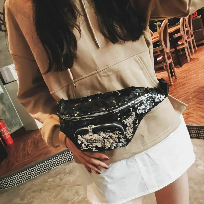 Pink Silver Sequin Holographic Fanny Pack for Women