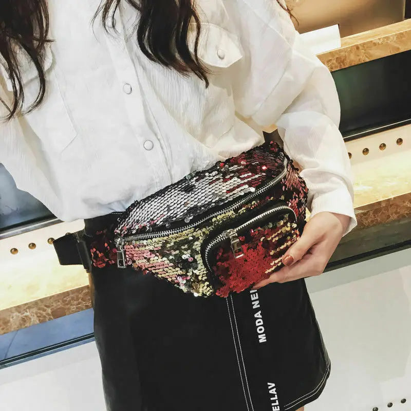 Pink Silver Sequin Holographic Fanny Pack for Women