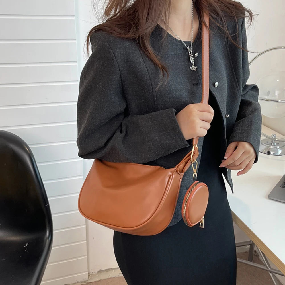 2 in 1 Shoulder Bag with Mini Round Purse Crossbody Bags Women PU Leather