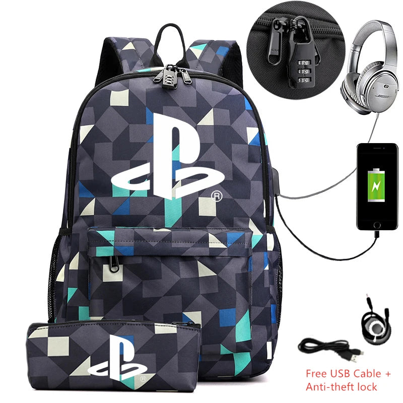 Canvas Backpack with Pencil Case School Bag For Teenagers Laptop USB Charging