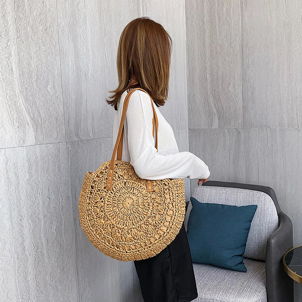 Women's Retro Woven Shoulder Bag Floral Handbag Straw Beach Bag