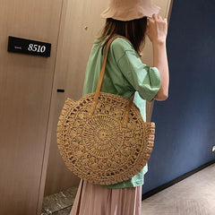 Women's Retro Woven Shoulder Bag Floral Handbag Straw Beach Bag