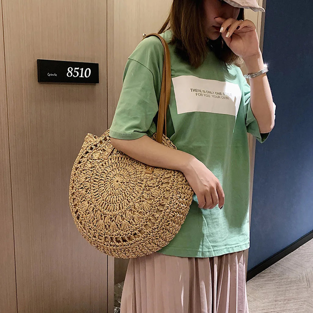 Women's Retro Woven Shoulder Bag Floral Handbag Straw Beach Bag