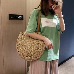 Women's Retro Woven Shoulder Bag Floral Handbag Straw Beach Bag