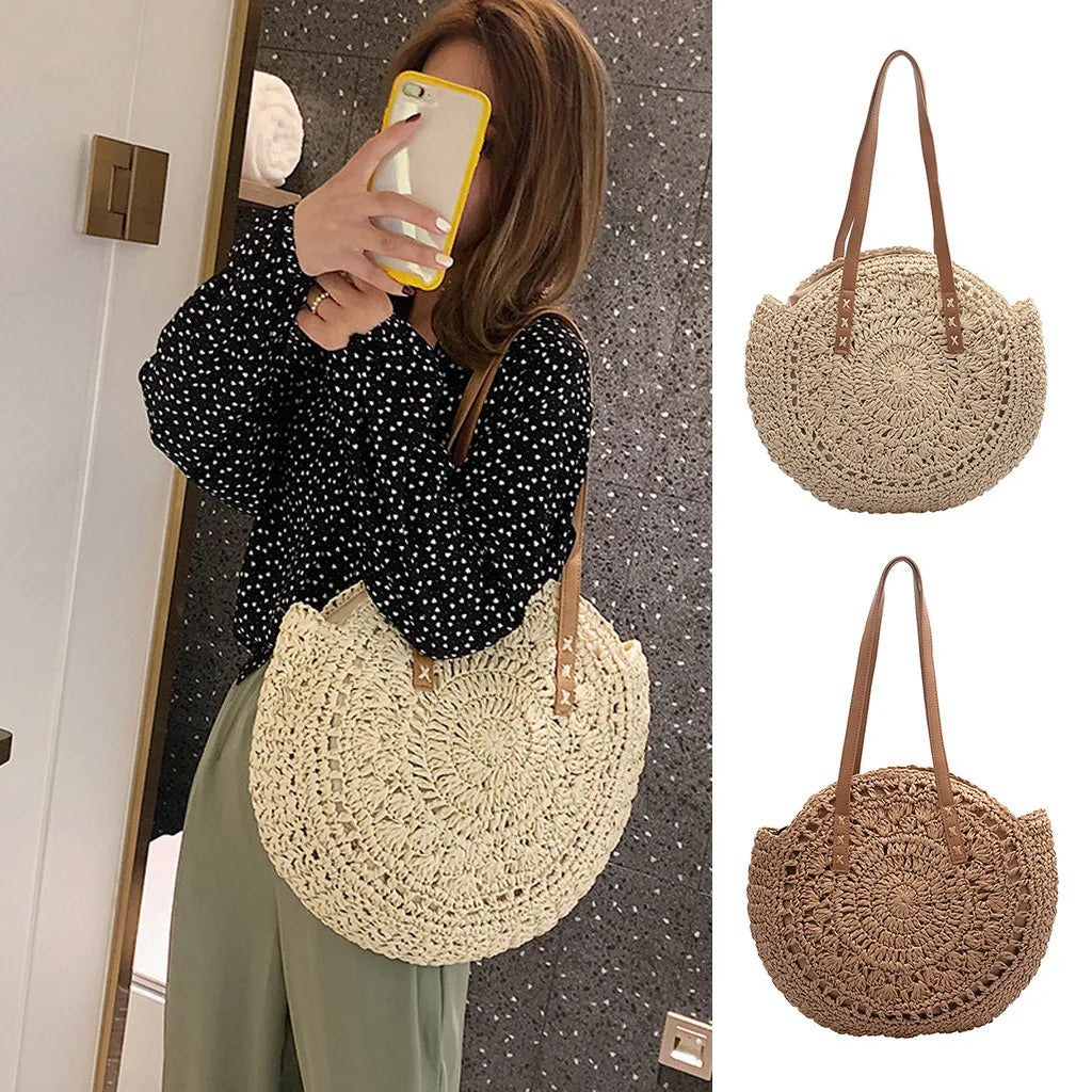 Women's Retro Woven Shoulder Bag Floral Handbag Straw Beach Bag