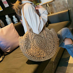 Women's Retro Woven Shoulder Bag Floral Handbag Straw Beach Bag