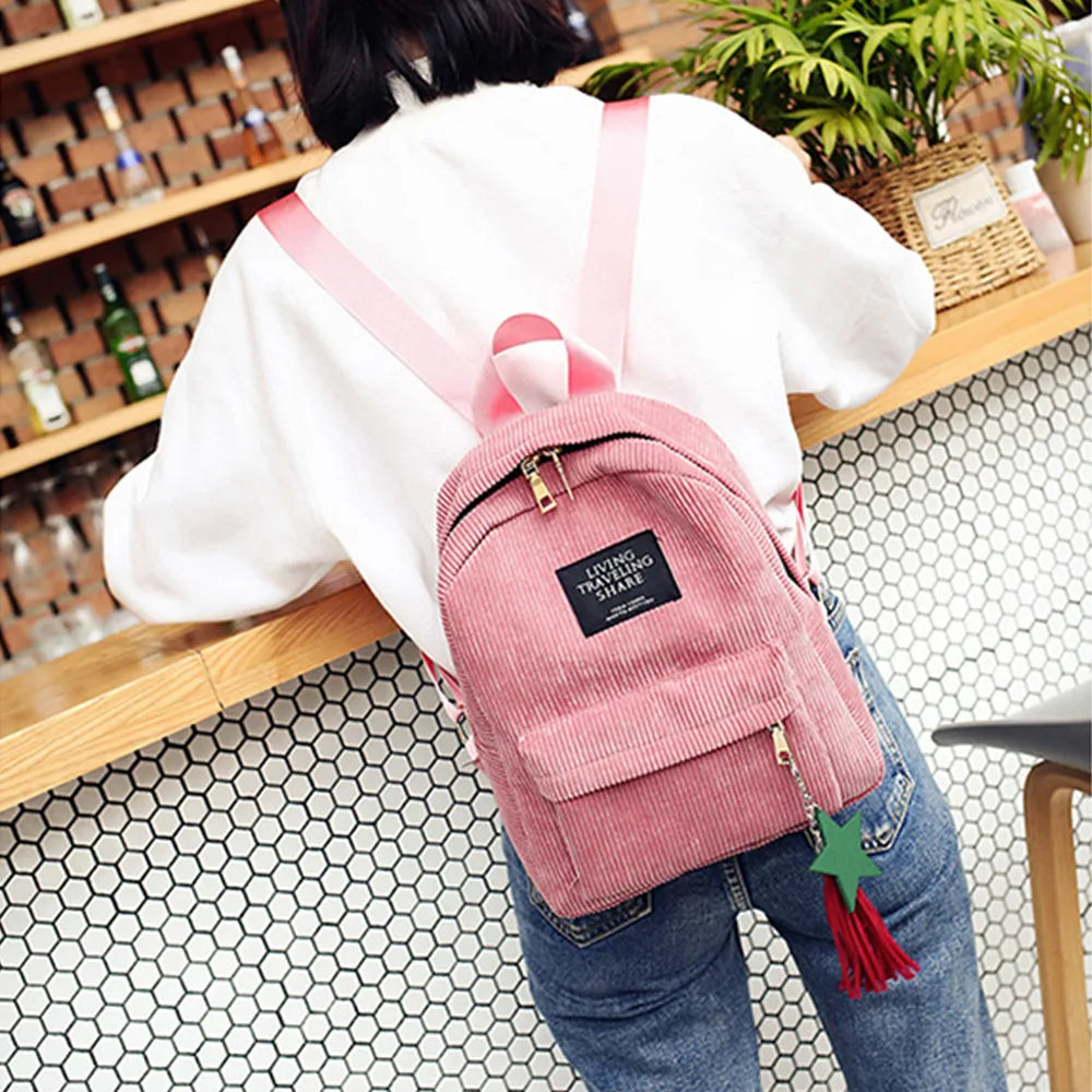 Women Corduroy Tassel Backpack Mini School Travel Bag