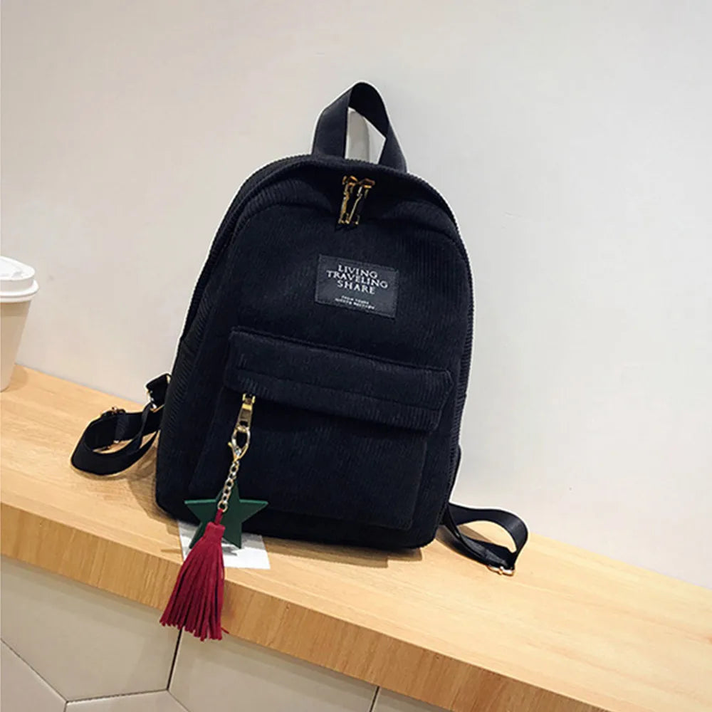 Women Corduroy Tassel Backpack Mini School Travel Bag