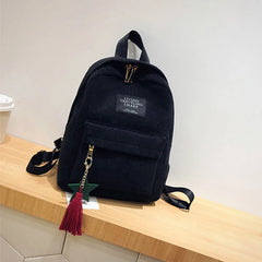 Women Corduroy Tassel Backpack Mini School Travel Bag