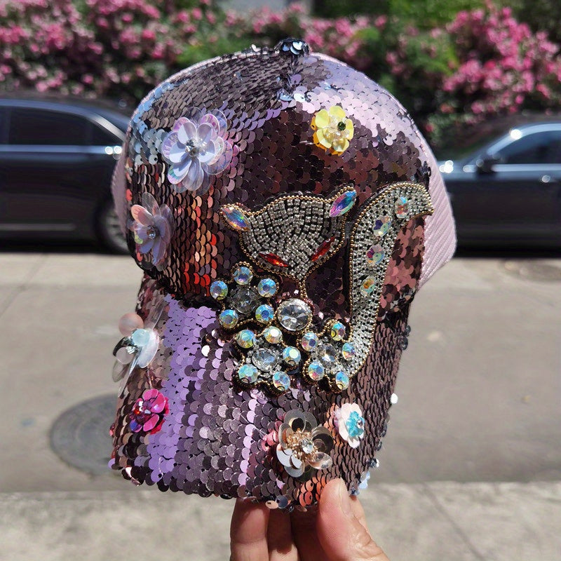 Rhinestone Fox Sequin Baseball Cap Hip Hop Trucker Hat