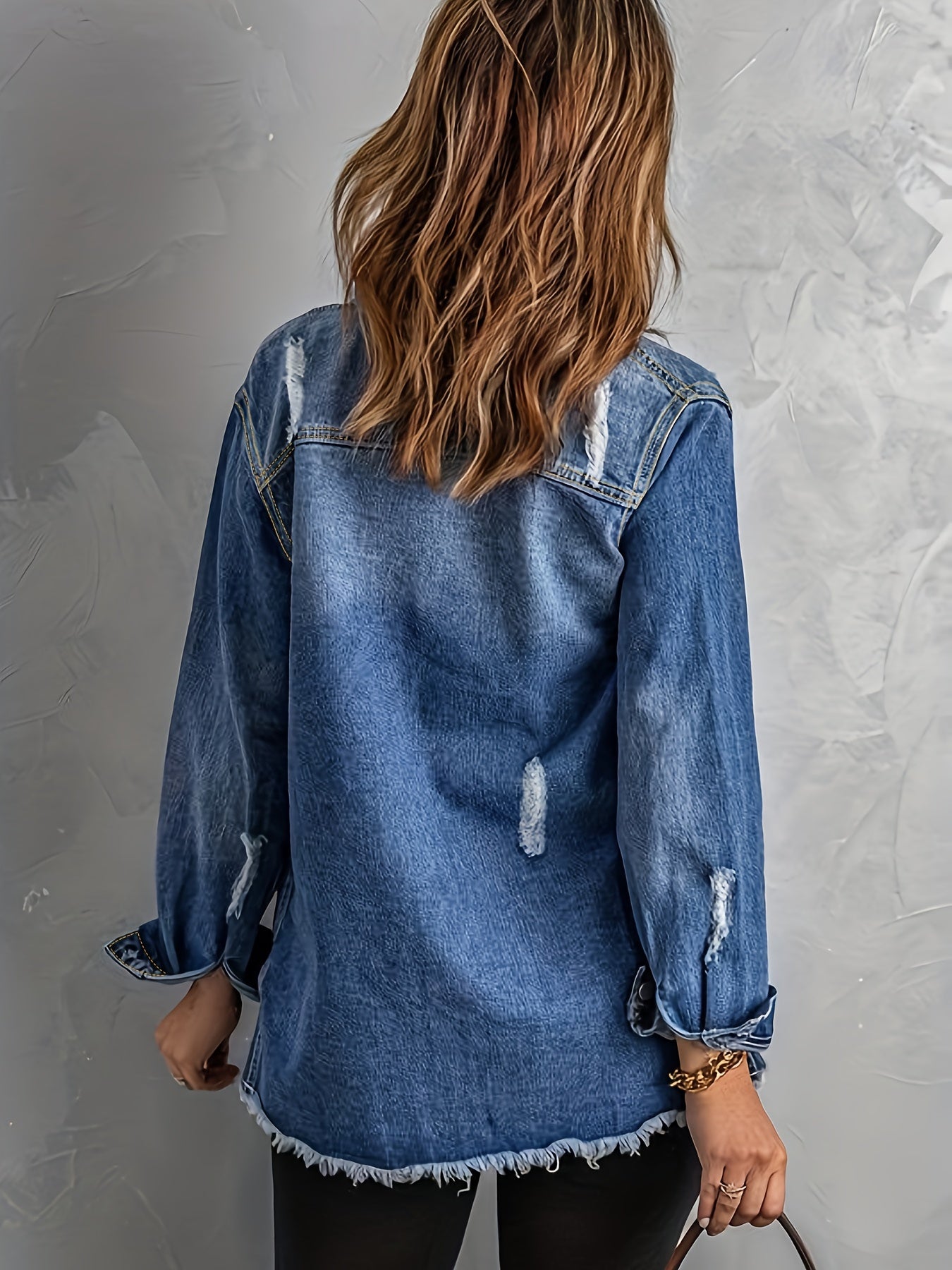 Ripped Denim Jacket Women's Long Sleeve Washed Jean Jacket