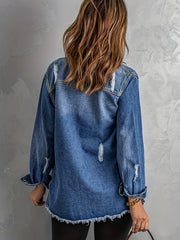 Ripped Denim Jacket Women's Long Sleeve Washed Jean Jacket