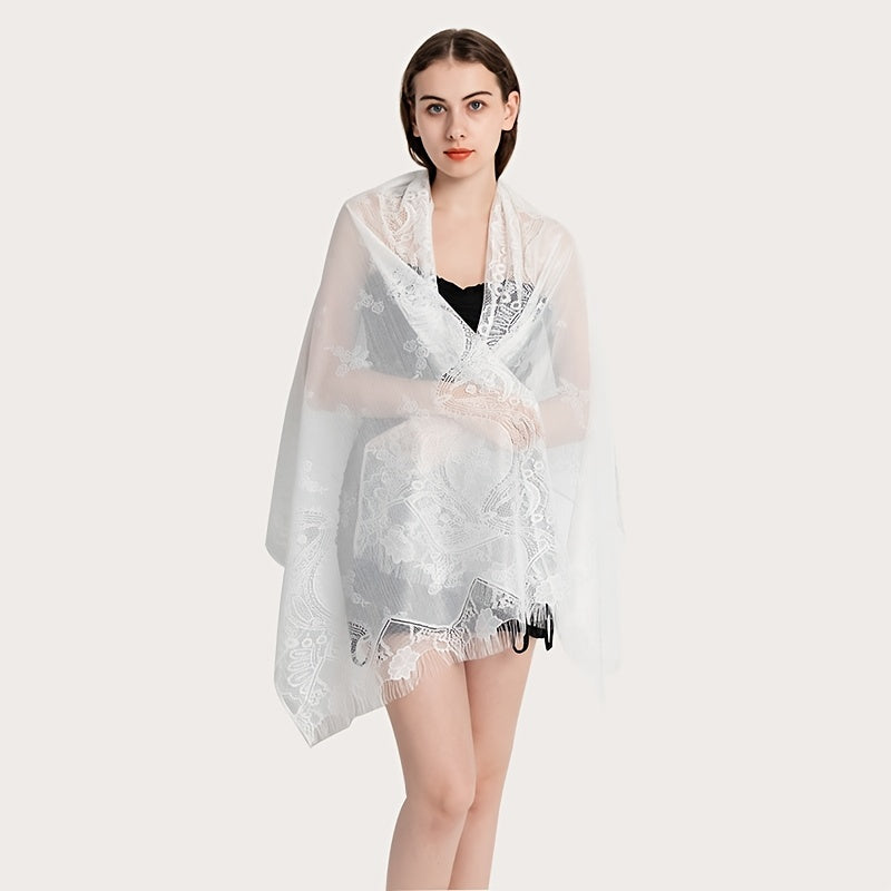 Women's Lace Ripple Long Scarf Lightweight Shawl Solid Fringe Tassels