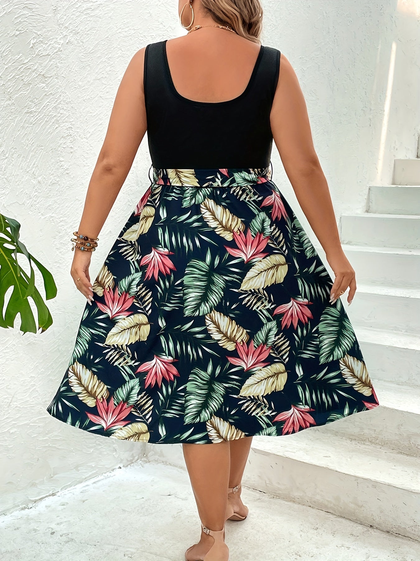 Colorblock Tropical Print Square Neck Midi Dress