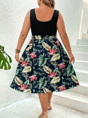 Colorblock Tropical Print Square Neck Midi Dress