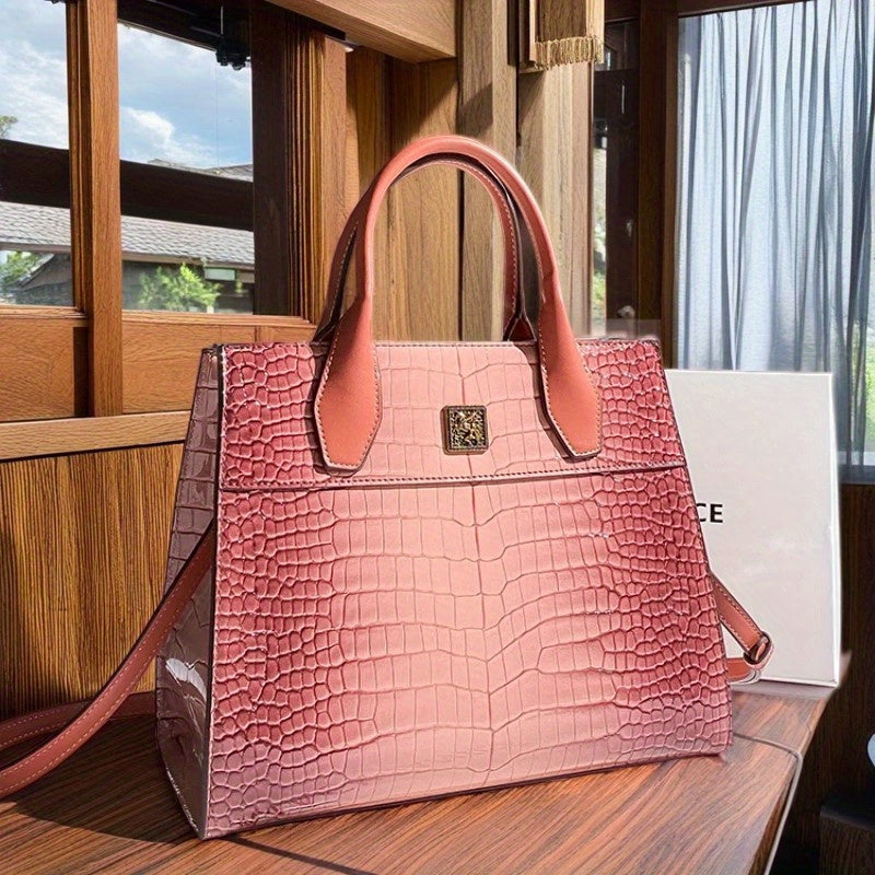Vintage Pink Crocodile Pattern Handbag with Removable Strap