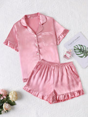 Satin Pajama Set Short Sleeve Top & Ruffle Shorts