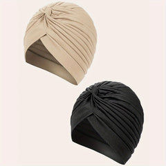 2pcs Beige Turban Cap BowKnot Pleated Head Wraps Elastic Ramadan Head Scarf