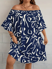 Graffiti Print Off Shoulder Bell Sleeve Dress
