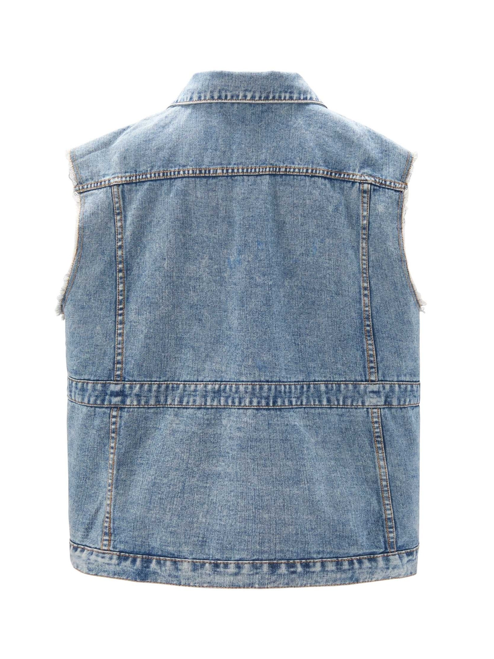 Denim Vest Fringe Trim Button Front Slim Fit Casual Jean Vest