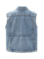 Denim Vest Fringe Trim Button Front Slim Fit Casual Jean Vest