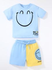 2pcs Boys Summer Outfits Sets Short Sleeve Happy Graphic Print T Shirt Tops
