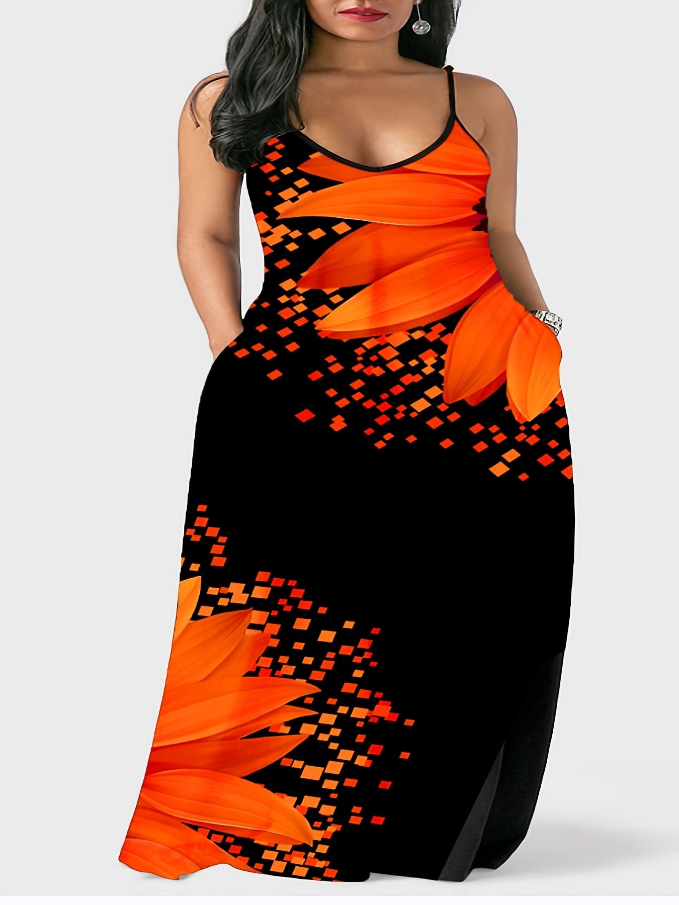 Women's Plus Floral Print Maxi Dress With Pockets