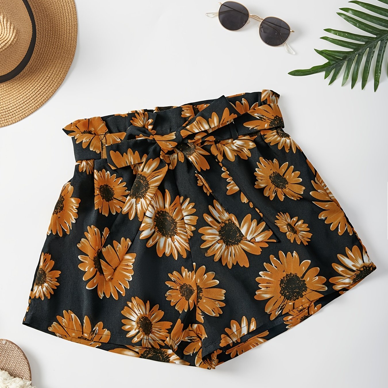 Sunflower Print Tie Waist Shorts for Spring & Summer