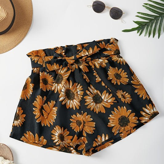 Sunflower Print Tie Waist Shorts for Spring & Summer