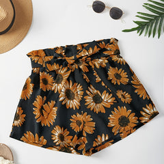 Sunflower Print Tie Waist Shorts for Spring & Summer