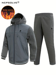 Men's Warm Sports Outfits Zip Up Hooded Jacket & Trousers