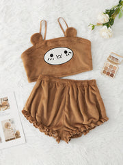 Cartoon Print Pajama Set Flannel Cami Top & Ruffle Shorts
