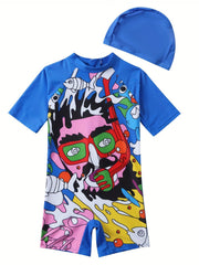 Abstract Art Printed Short Sleeve Swimsuit for Boys
