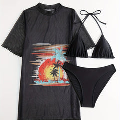 Tropical Print Bikini Set with Mesh Cover Up