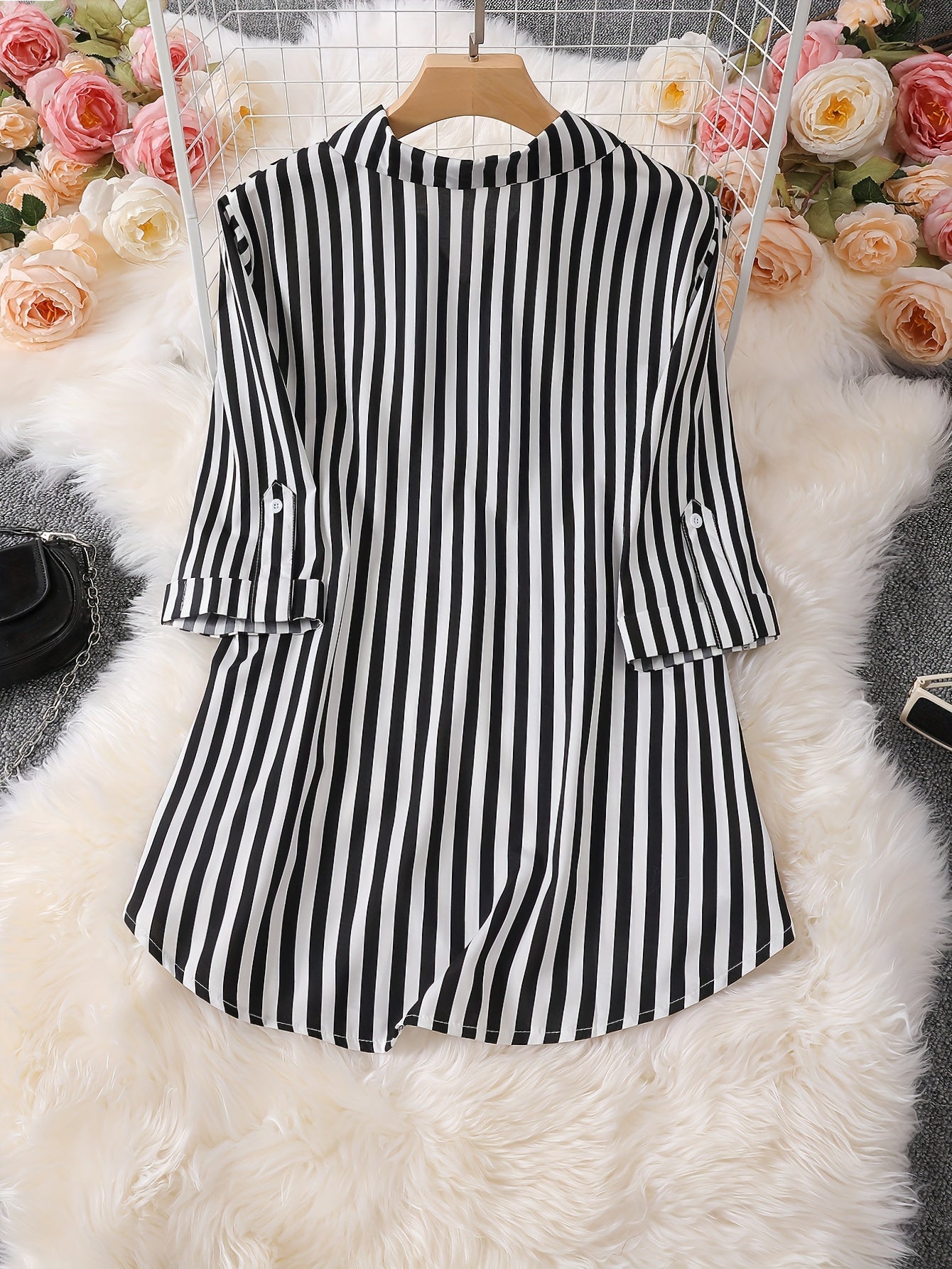 Blouse Women's Plus Stripe Print Button Up Roll Up Long Sleeve