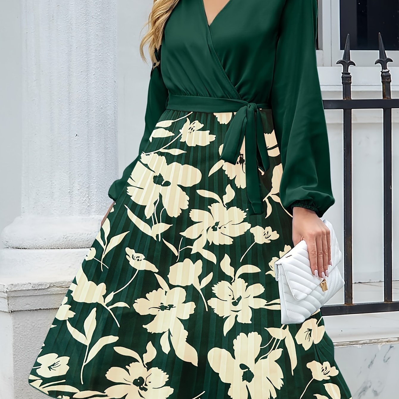 Colorblock Floral Print Lantern Sleeve Pleated Dress