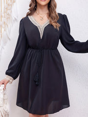 Colorblock Lace Long Sleeve V Neck Drawstring Tassel Mini Dress
