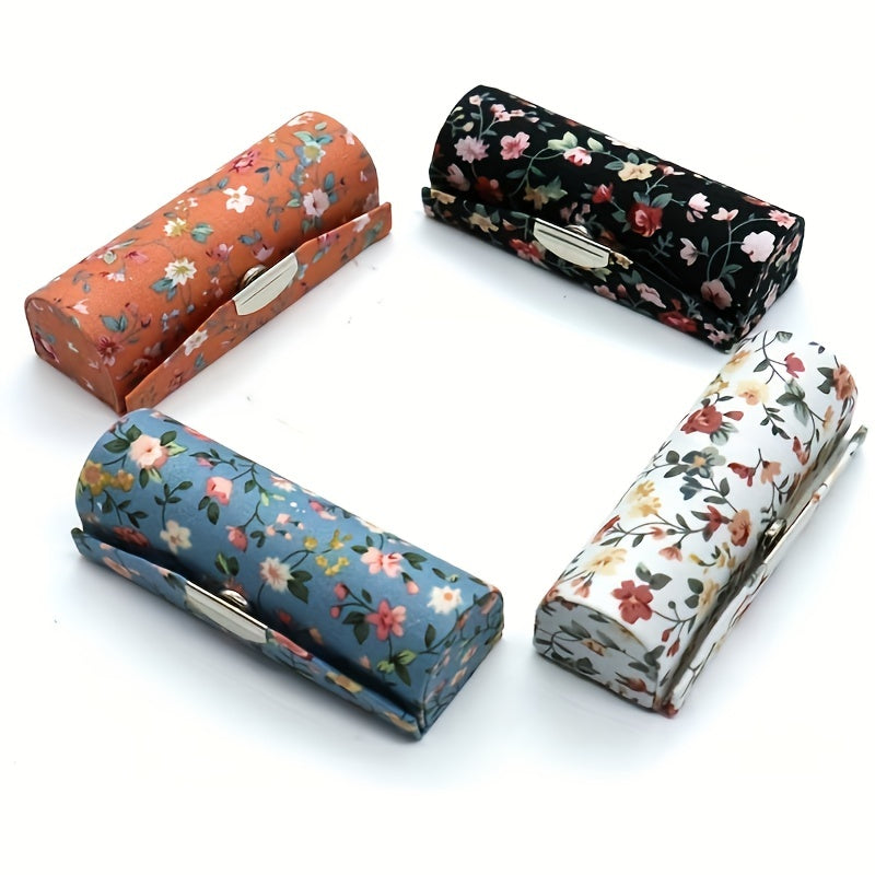 4 Pcs Floral Lipstick Case Holder with Mirror Cosmetic Travel Organizer Bag