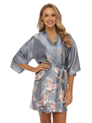 Crane Print Night Robe Long Sleeve V Neck Robe With Belt Women's Sleepwear