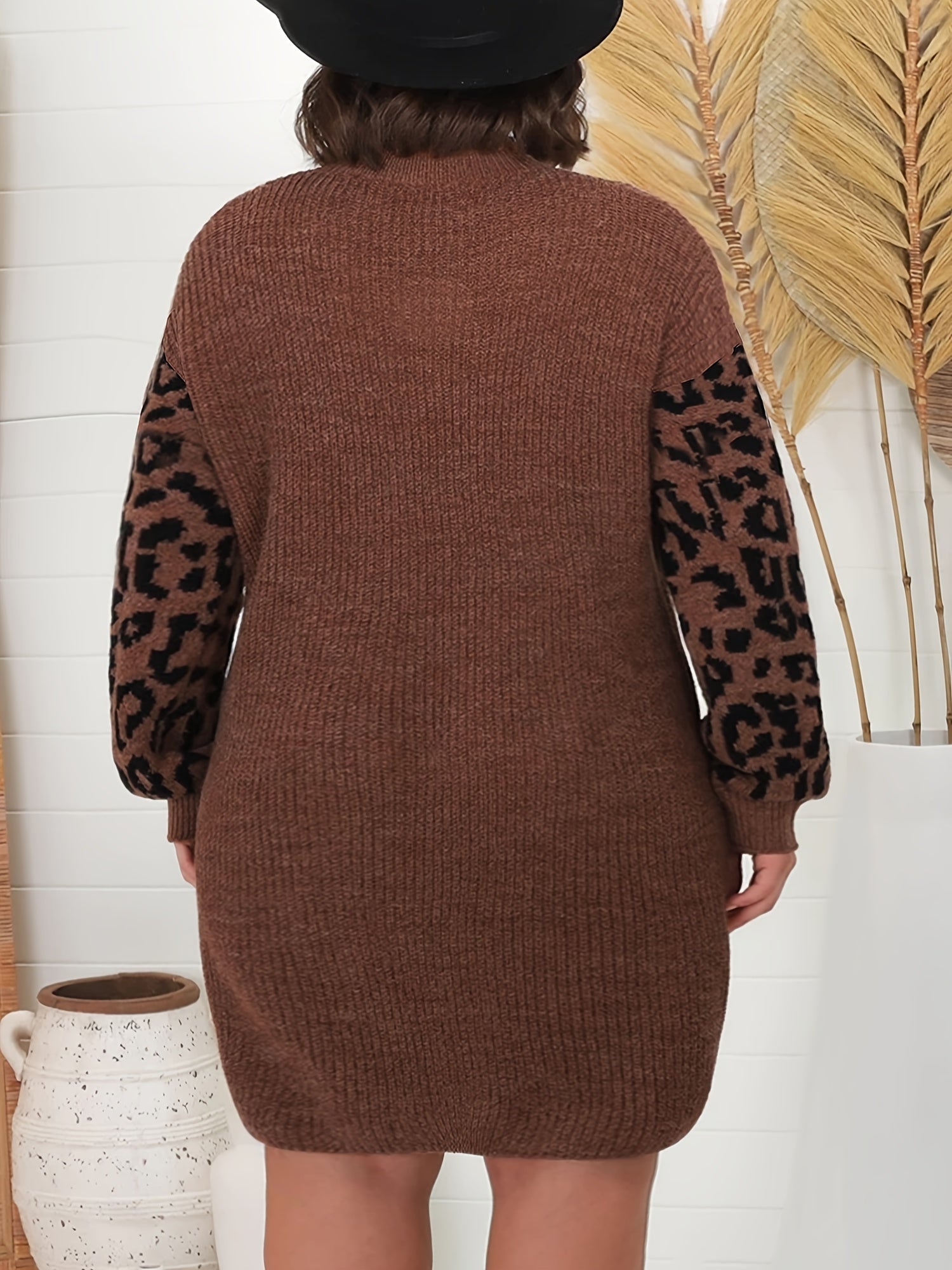 Colorblock Leopard Print Long Sleeve Sweater Dress