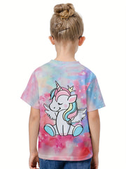 3D Tie Dye Unicorn Graphic Crew Neck T-shirt Girls Casual Tops