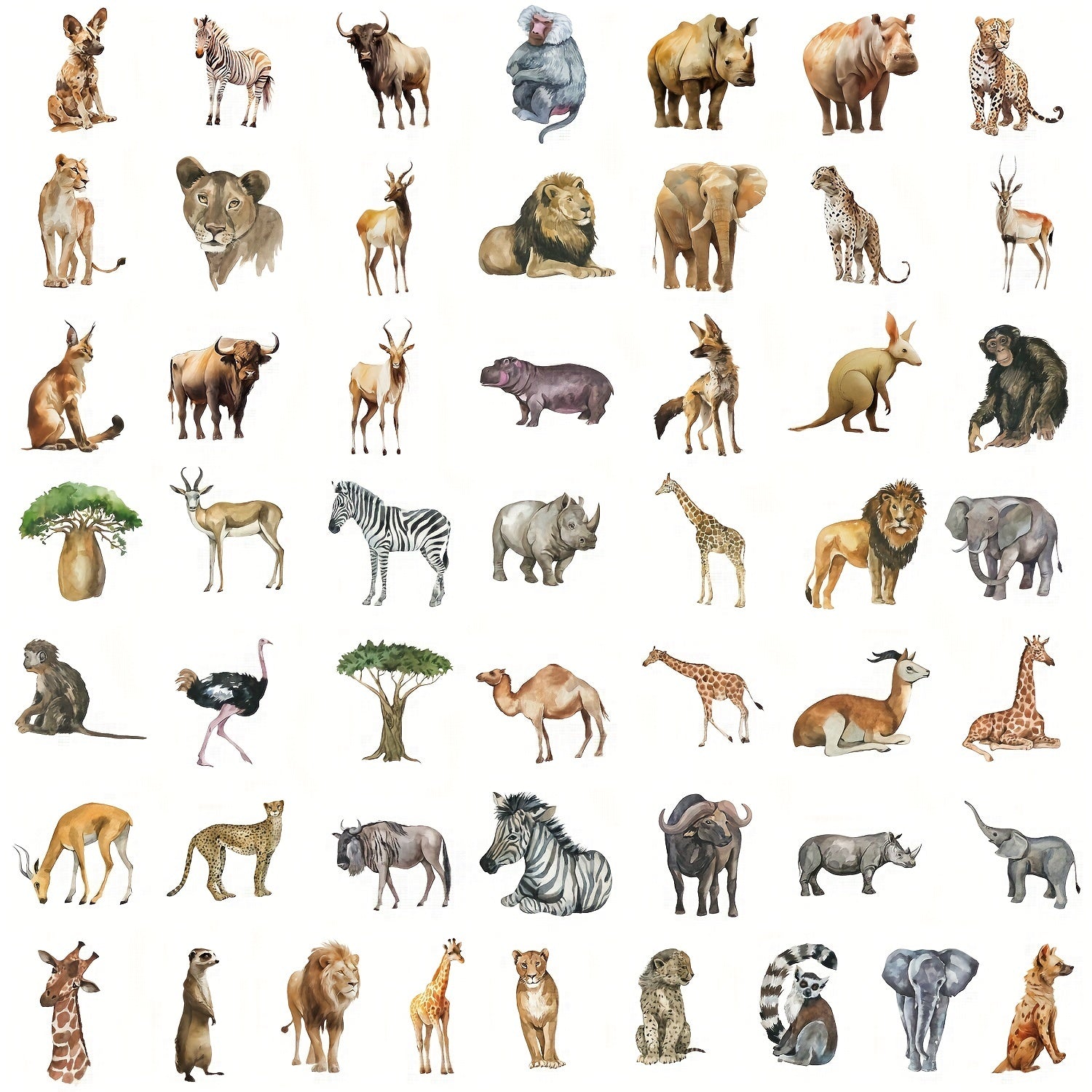 50pcs Watercolor Animal Graffiti Stickers Waterproof Cartoon Decor Stickers