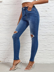 Ripped Knee Cut Skinny Jeans High Rise Distressed Denim Pants