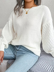 Casual Sweater Women's Solid Cable Lantern Sleeve Round Neck Jumper