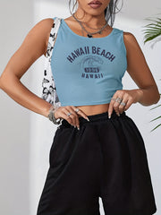 Letter Print Crop Tank Top Sleeveless Summer Casual Crew Neck Women's Top
